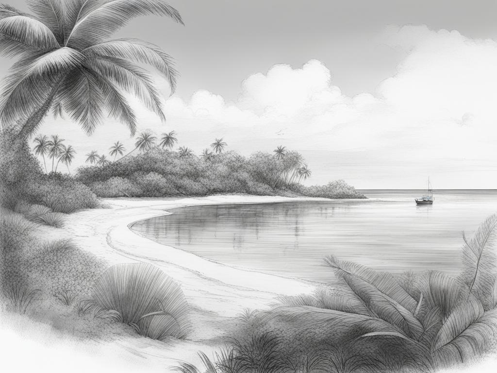 exotic clipperton island - sketch the exotic landscapes of clipperton island in the pacific ocean, known for its remote coral atoll and unique ecosystem. 