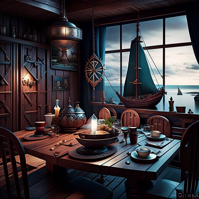 viking warrior's dining room with norse mythology decor and longship table. 