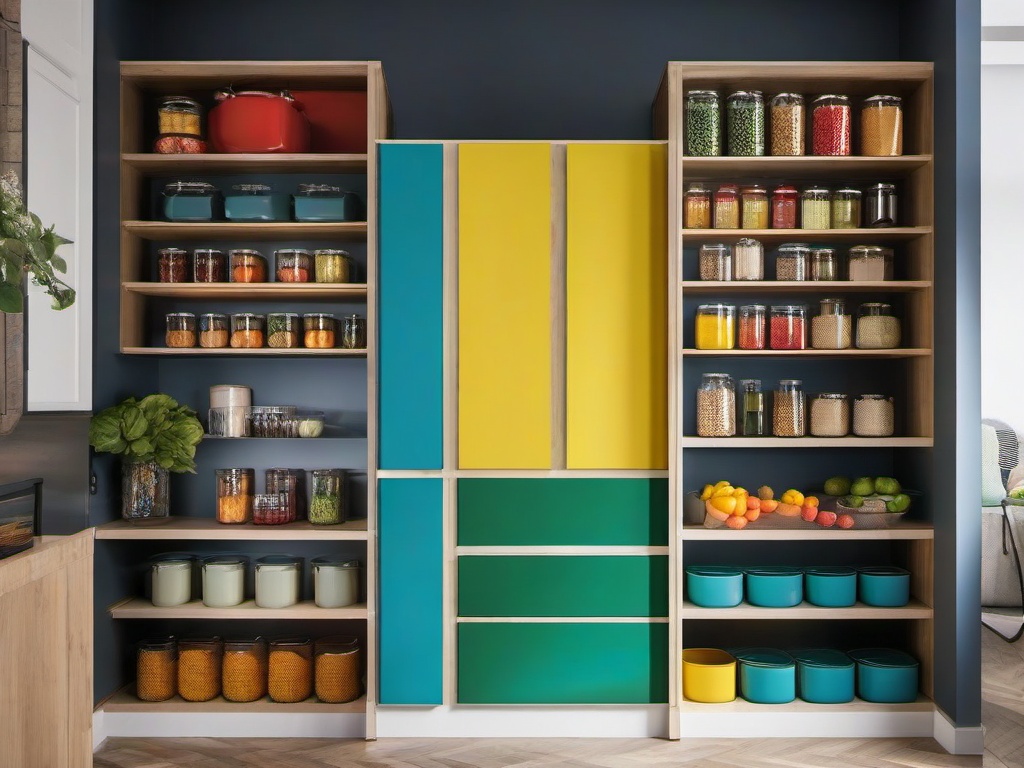 The pantry showcases Pop Art interior design with organized shelves, vibrant containers, and colorful accents that make food storage both practical and visually engaging.  