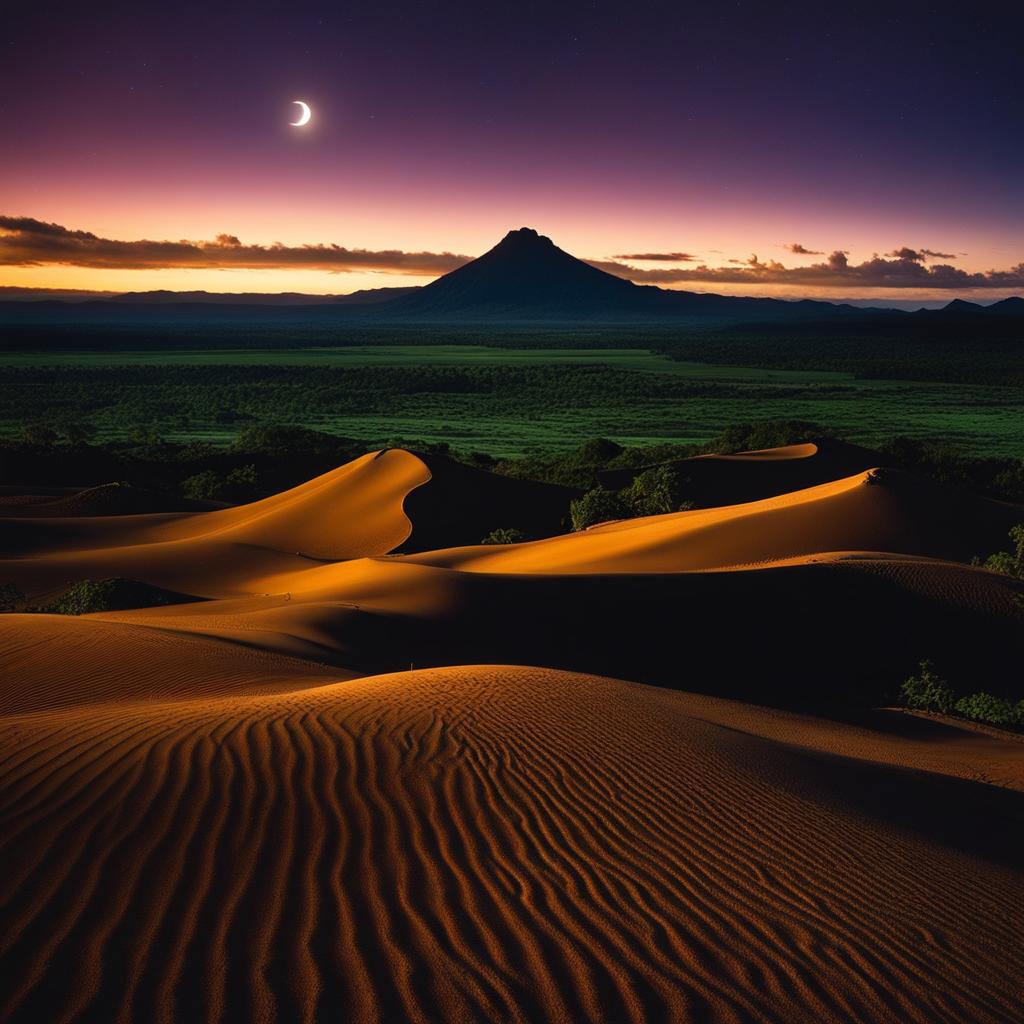 chamarel plain, mauritius - create a surreal night scene at chamarel plain, where vibrant sands glow under the moonlight. 