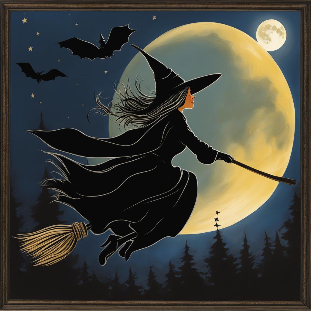 witch's midnight flight - paint a witch taking flight on her broomstick under the light of a full moon. 