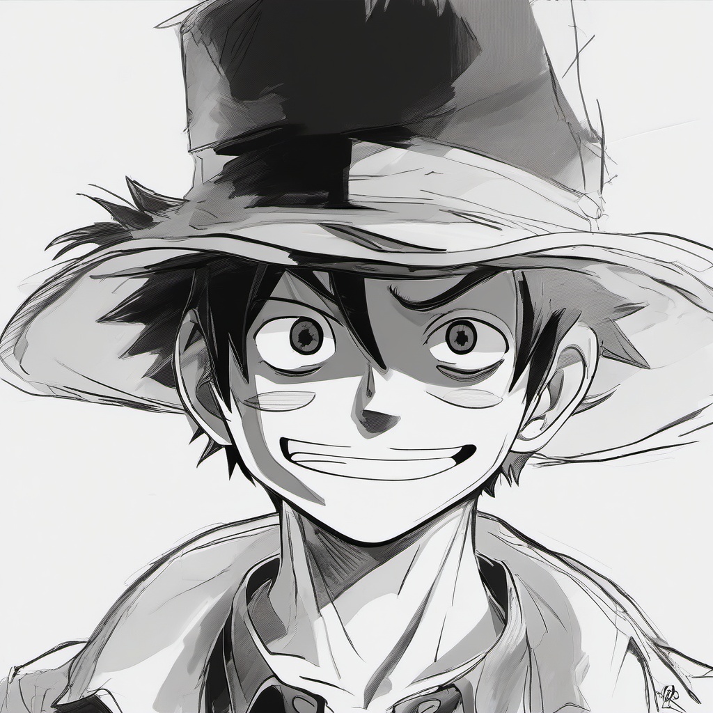 drawing of Luffy anime  minimal rough sketch scribbles,doodles,black and white