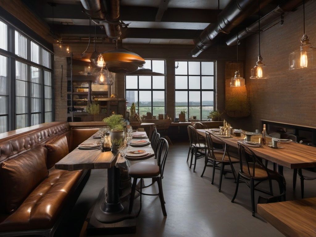 The dining room embodies Post-Apocalyptic interior design with industrial-style tables, mismatched chairs, and an eclectic mix of decor that transforms meals into a unique and character-filled experience.  