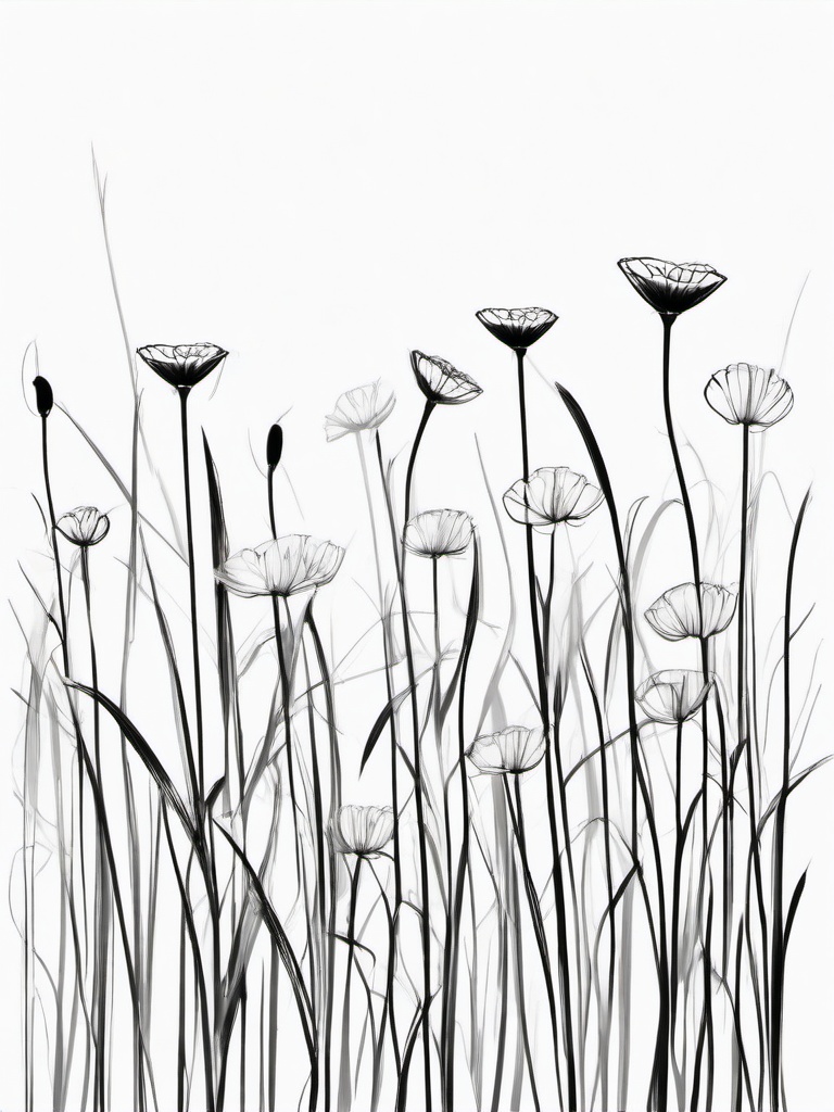 drawing of simple flowers in a field  minimal rough sketch scribbles,doodles,black and white