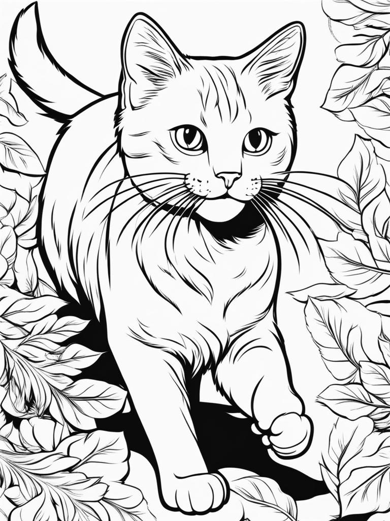 cat coloring pages - a cat chases a feather toy with playful enthusiasm. 