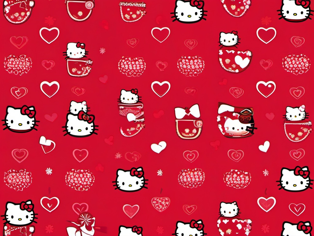 Hello Kitty Red Wallpaper-Vibrant red with Hello Kitty motifs and tiny heart patterns  background wallpaper