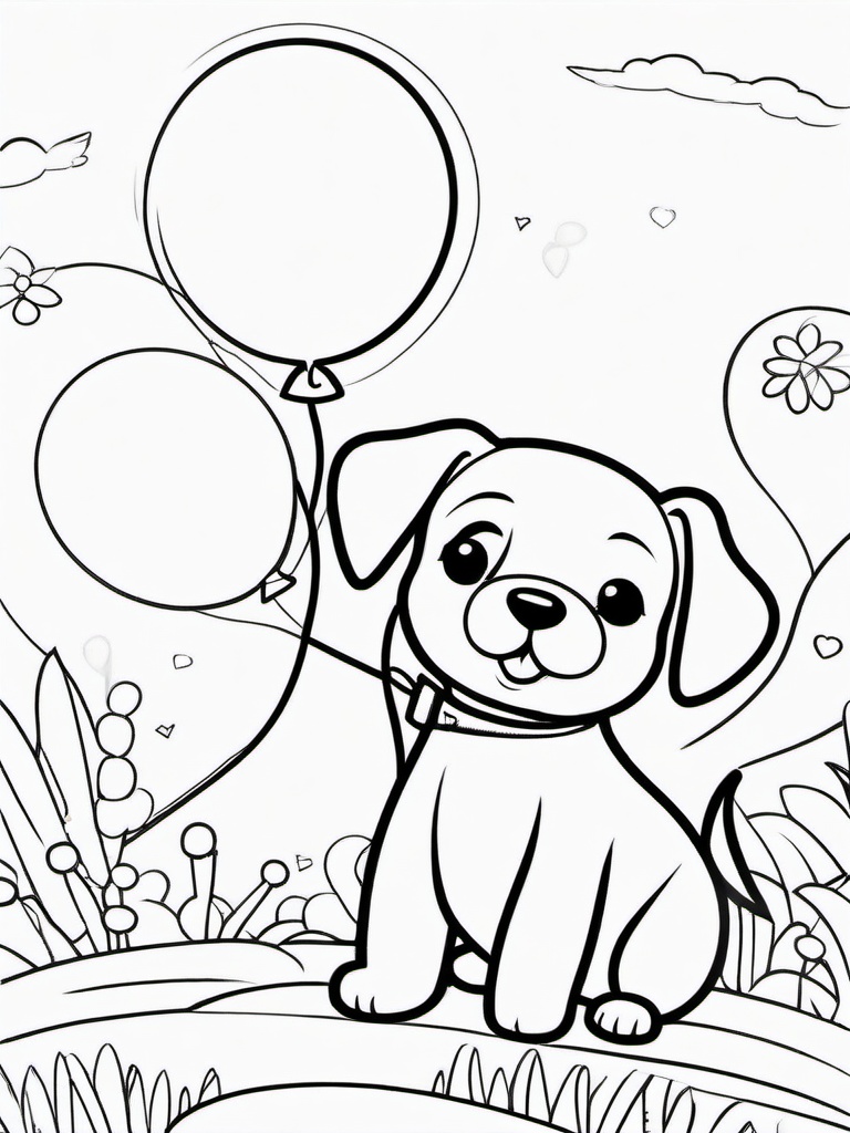 Puppy with a Balloon Animal Coloring Pages - Fun Puppy at a Party  minimal black outline printable sheet, coloring page