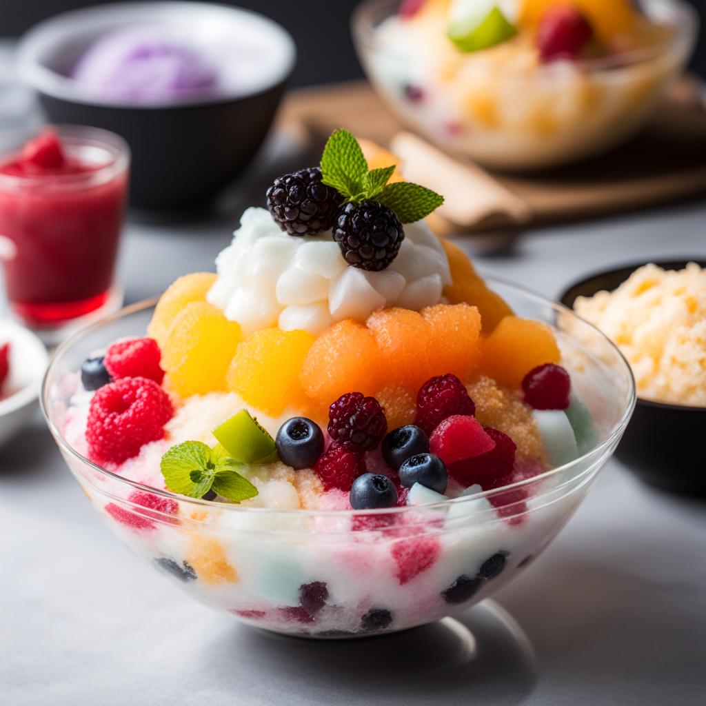 shaved ice (bingsu), flavored ice topped with various sweet toppings. 