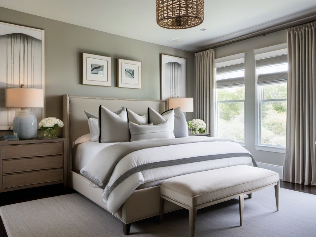 The master bedroom embraces Hampton interior design with a calming color palette, plush bedding, and natural textures that create a tranquil retreat for restful sleep.  