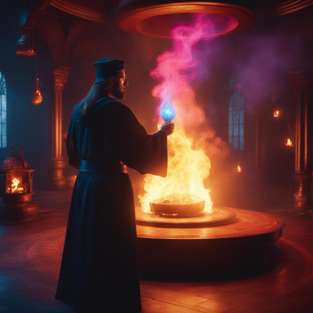 sorcerer's apprentice conjuring colorful flames in a hidden spell chamber 8k, hyper realistic, cinematic 