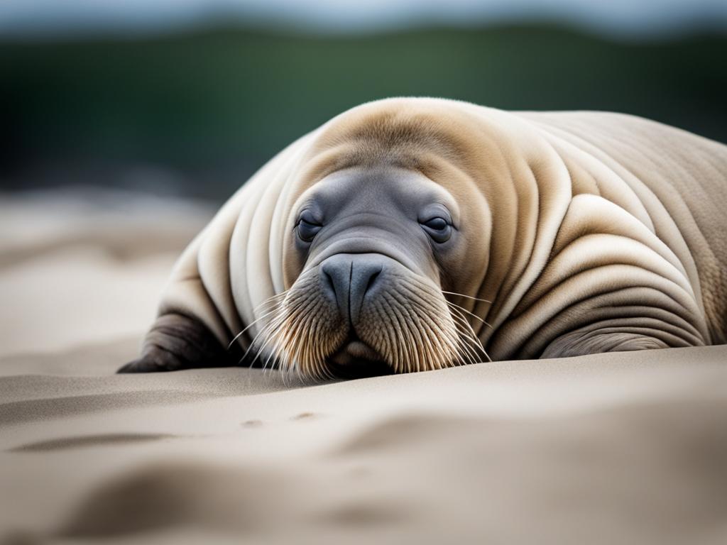 chubby baby walrus pup with wrinkled skin, napping on a beach. 