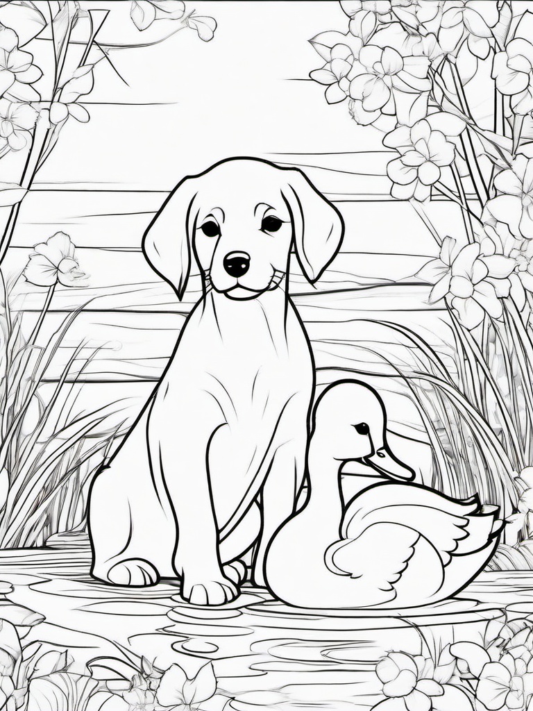 Puppy and Ducklings Coloring Pages - Sweet Scene of Puppy and Duck Friends  minimal black outline printable sheet, coloring page