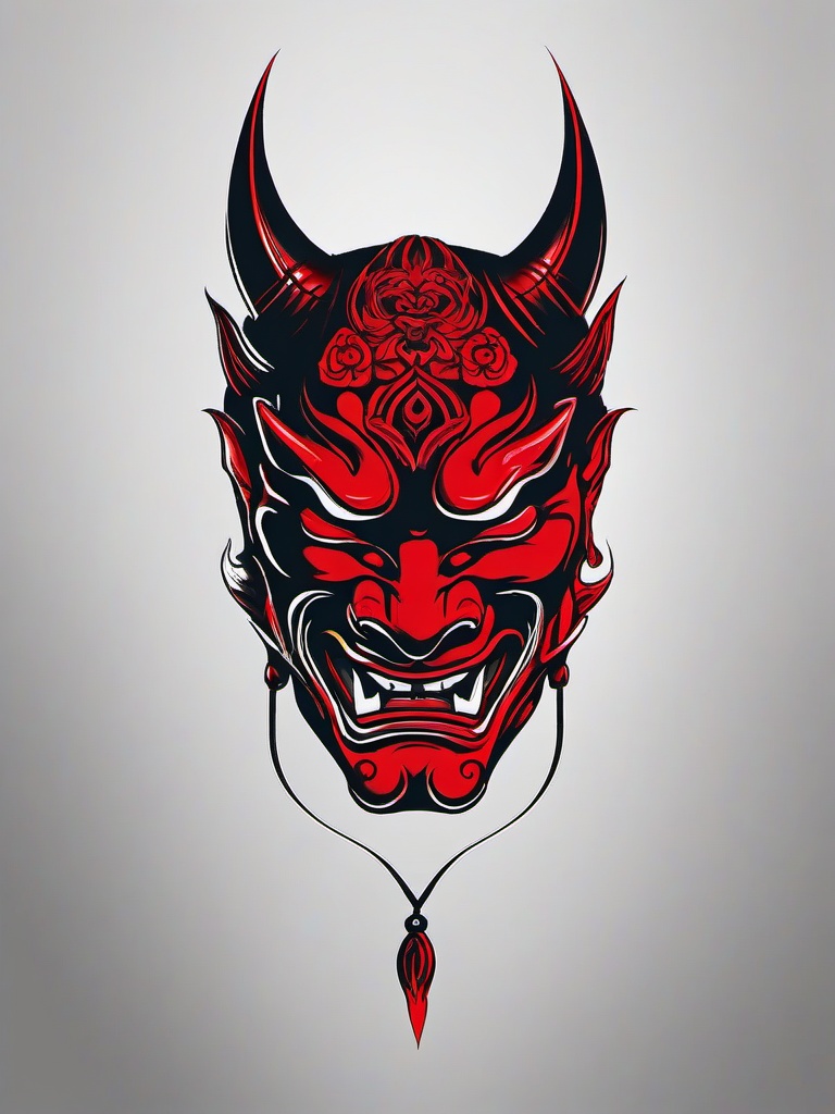 Hannya Mask Red Tattoo - Features the Hannya mask in a striking red color, creating a bold and eye-catching design.  simple color tattoo,white background,minimal