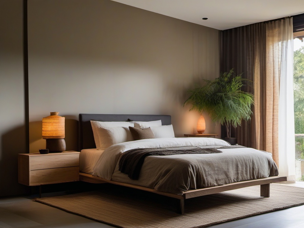 The master bedroom embraces Wabi Sabi interior design with a simple bed frame, organic textiles, and warm colors that create a peaceful haven for restful nights.  