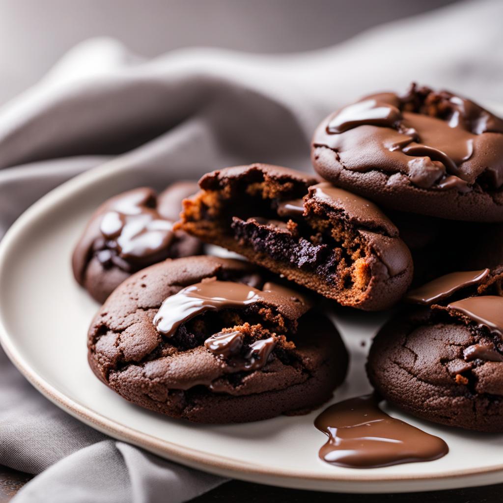 a plate of warm, gooey chocolate lava cookies, with a molten chocolate center. 