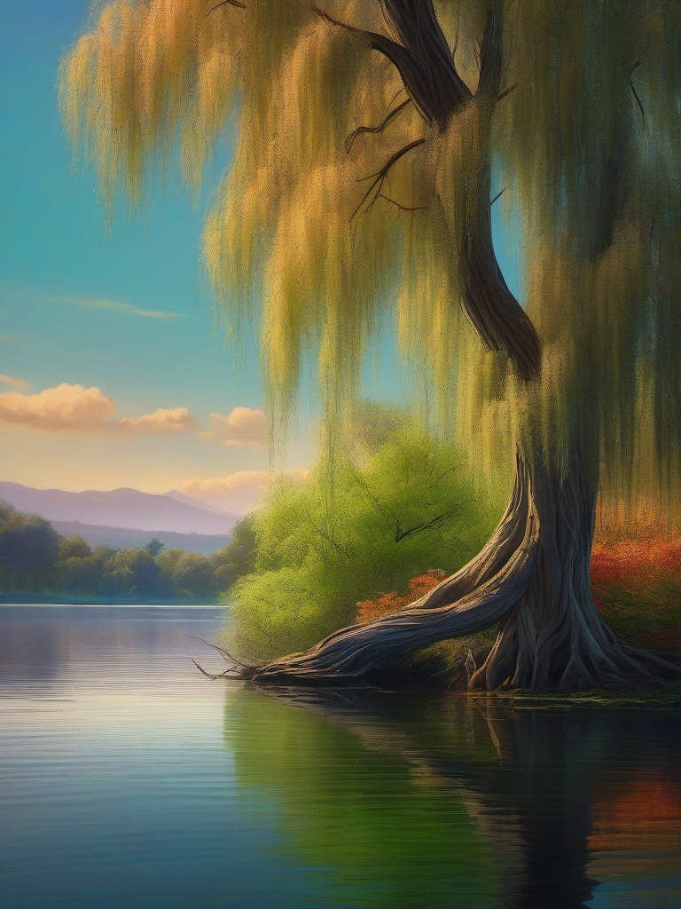 Whispering willow tree, its long branches swaying in the gentle breeze, offers a quiet refuge by the side of a serene lake, where stories are shared beneath its graceful canopy. hyperrealistic, intricately detailed, color depth,splash art, concept art, mid shot, sharp focus, dramatic, 2/3 face angle, side light, colorful background