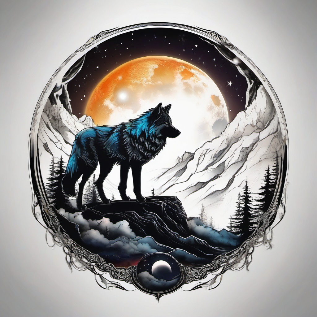 Wolf on Moon Tattoo,mystical scene in ink, wolf dwelling within the confines of the glowing moon. , color tattoo design, white clean background