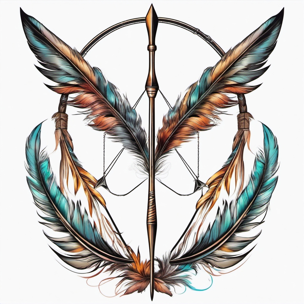 Bow and arrow with feathers ink. Flight of the arrow in art.  color tattoo design, white background