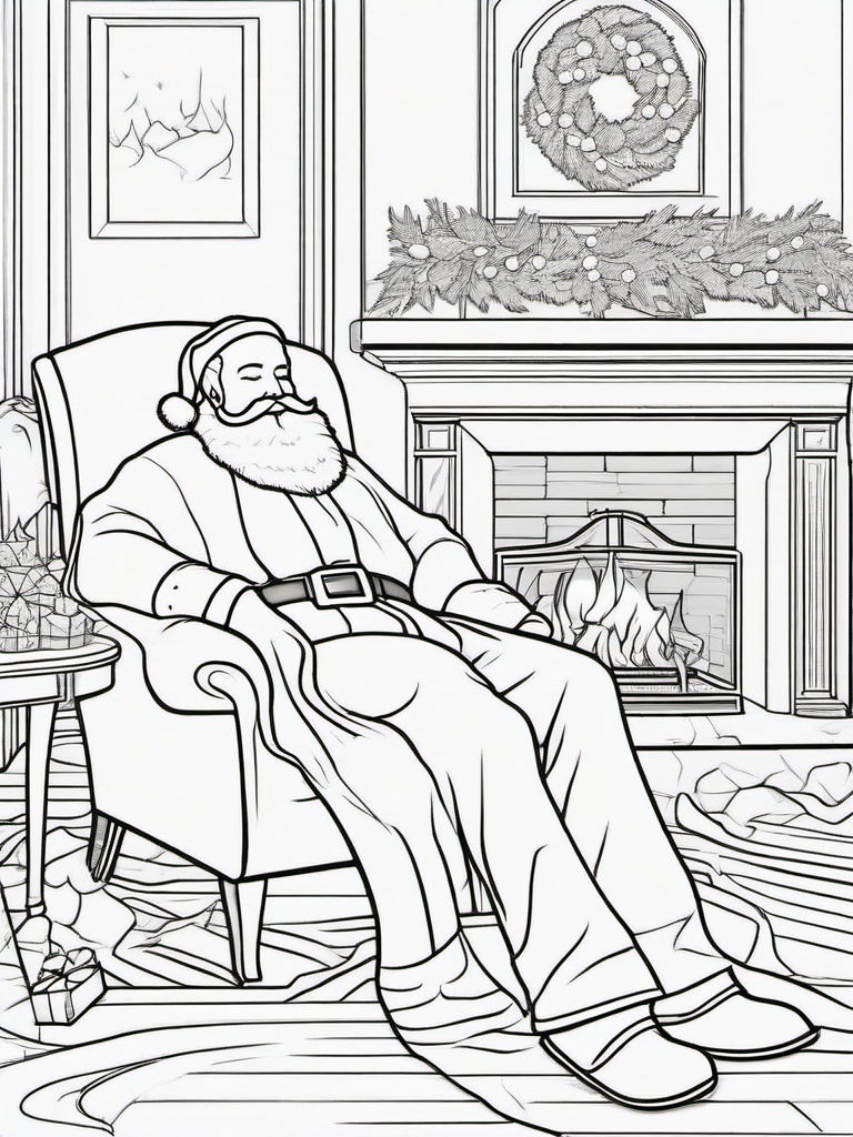 Santa Sleeping by Fireplace Coloring Pages - Resting After Delivering Presents  minimal black outline printable sheet, coloring page