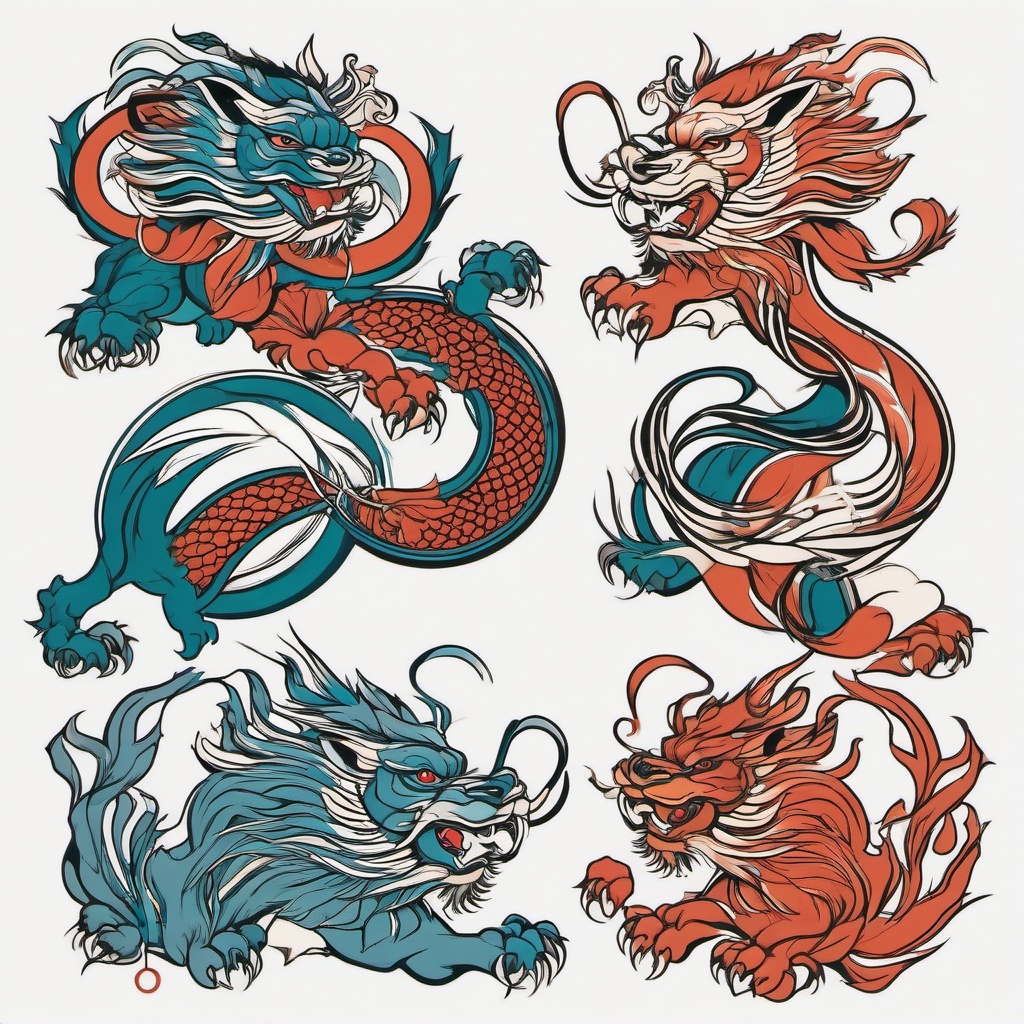 Foo Dragon Tattoo - Tattoos featuring foo dogs or lion-like creatures with dragon elements.  simple color tattoo,minimalist,white background