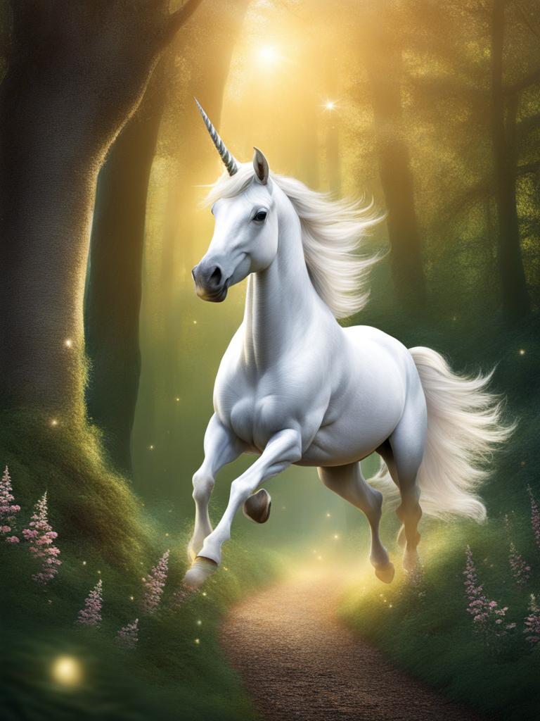 mischievous unicorn prancing through an enchanted forest, leaving a trail of sparkling hoofprints. 