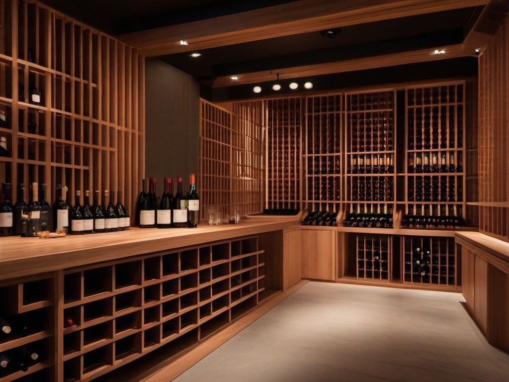 In the wine cellar, Japanese Zen interior design features wooden racks, simple aesthetics, and natural finishes that create a tranquil space for wine enthusiasts to enjoy.  