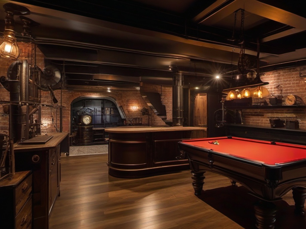 The basement highlights steampunk interior design with a mix of comfortable furnishings, vintage decor, and industrial accents that create a unique space for entertainment and relaxation.  