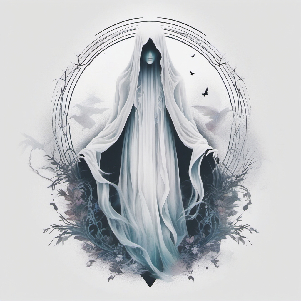 Ghost Tattoo-Ghostly figure with subtle details, creating a hauntingly beautiful and ethereal design. Colored tattoo designs, minimalist, white background.  color tattoo, minimal white background