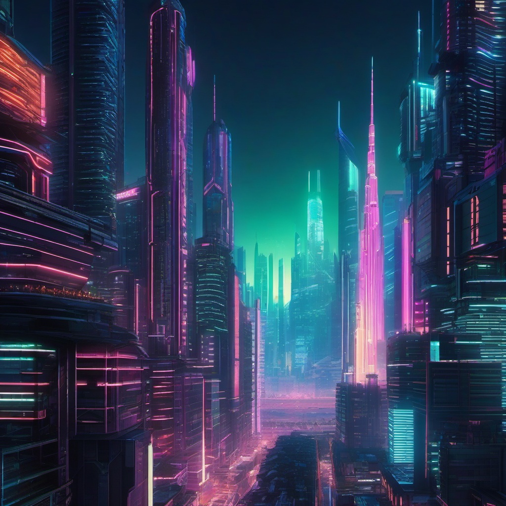 Cyber City with Neon Skyscrapers Anime Wallpaper intricate details, patterns, wallpaper photo