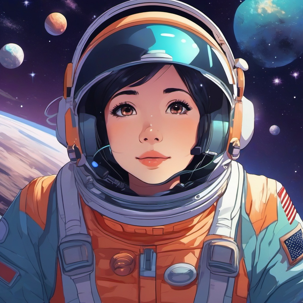 Adventurous space traveler, floating in zero gravity aboard a spacecraft, exploring the wonders of the cosmos.  front facing ,centered portrait shot, cute anime color style, pfp, full face visible