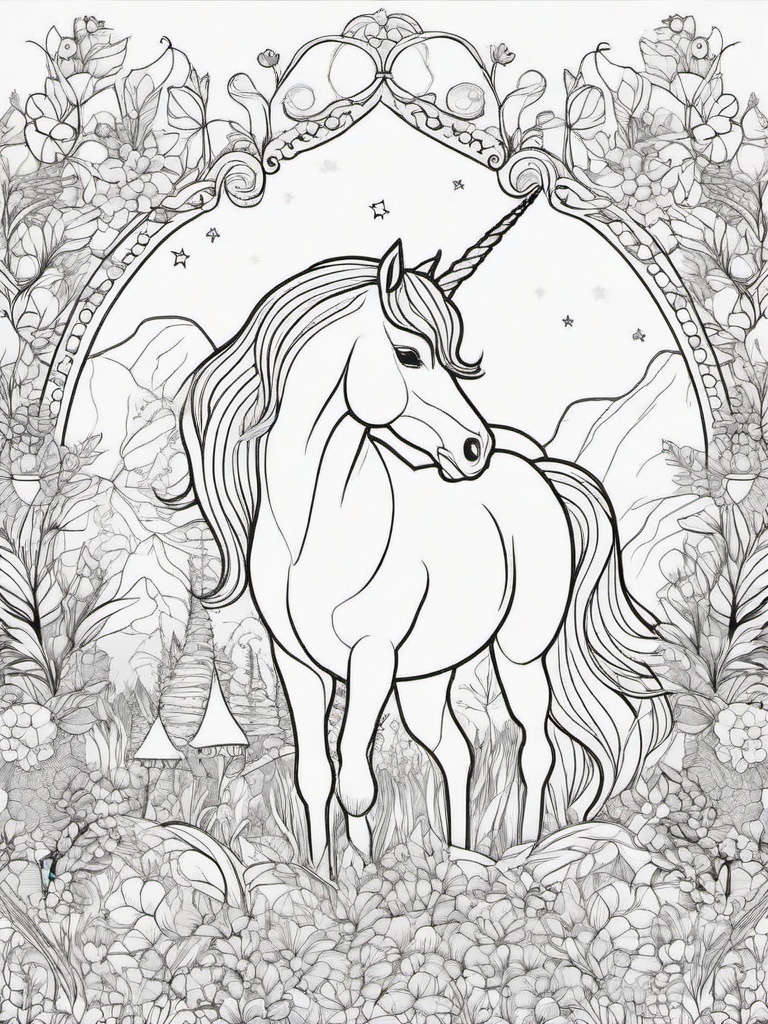 Unicorn in Fairyland Coloring Pages - Enchanted World Filled with Unicorns  minimal black outline printable sheet, coloring page