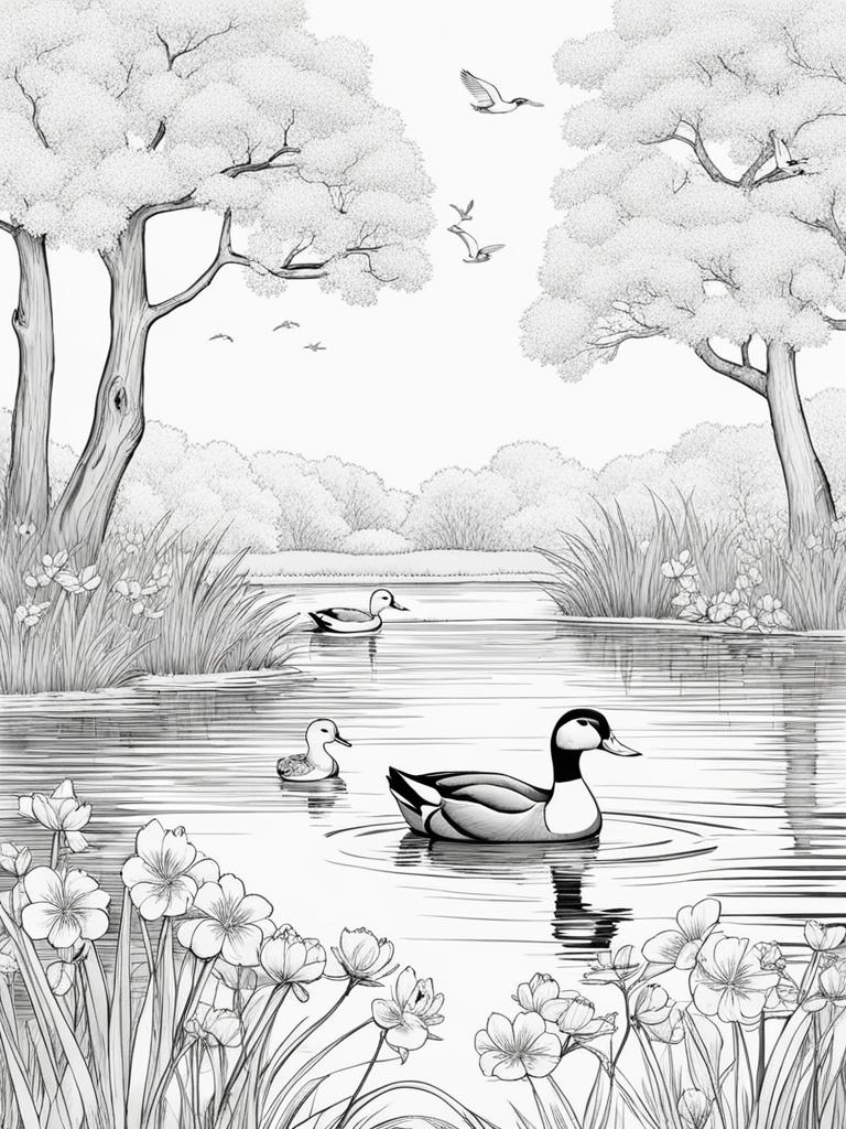 spring coloring pages - a family of ducks swims in a tranquil pond surrounded by spring blossoms. 