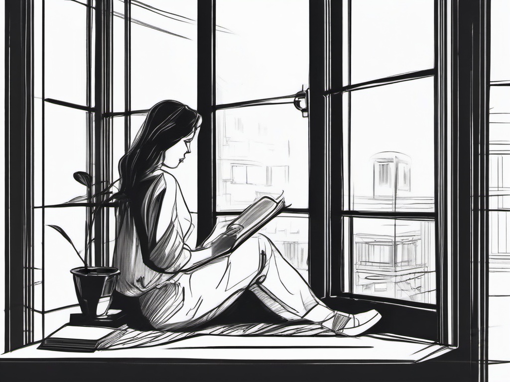 drawing of a woman reading by the window  minimal rough sketch scribbles,doodles,black and white