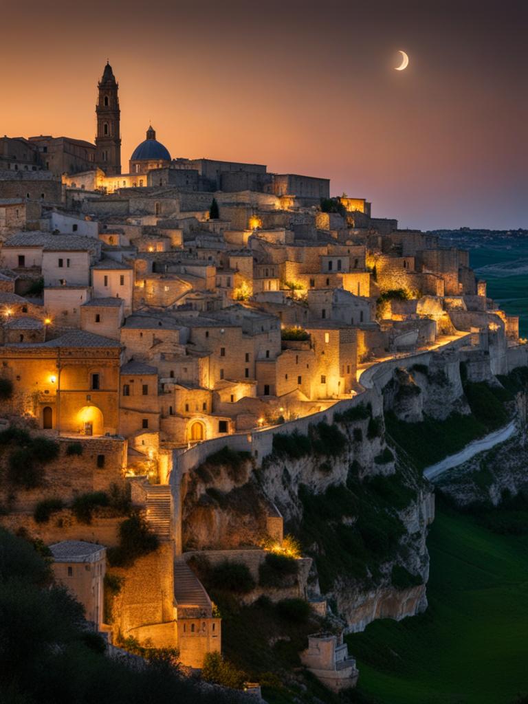 matera, italy - capture the ancient charm of matera's cave dwellings and stone architecture in the moonlight. 