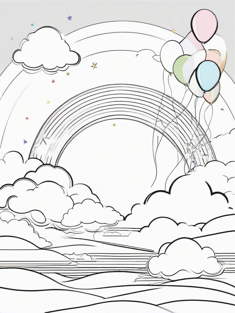 Rainbow Coloring Page - Rainbow with balloons floating in the sky.  easy,simple,minimal,coloring pages,black and white outline