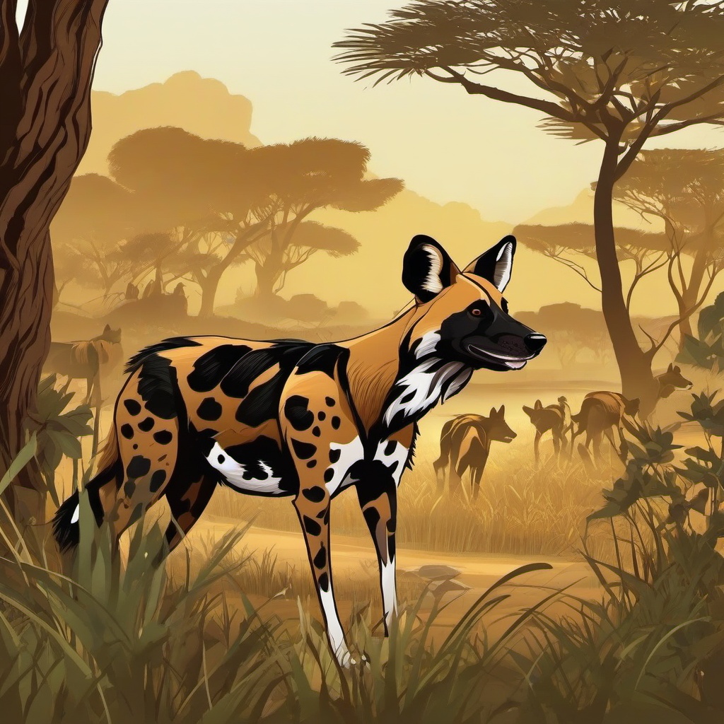 African Wild Dog cartoon - African Wild Dog hunting with its pack  