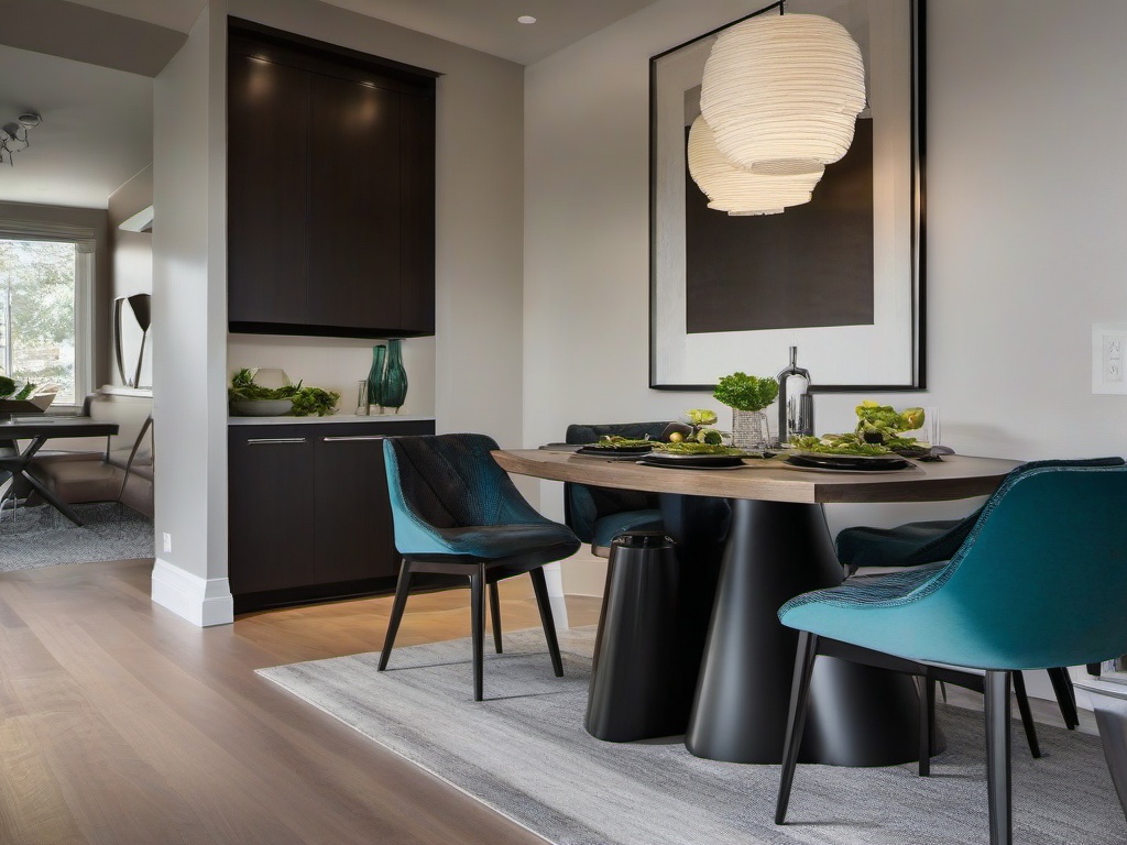 The dining nook features urban modern interior design with a sleek table, contemporary chairs, and artistic accents that create an intimate space for meals.  