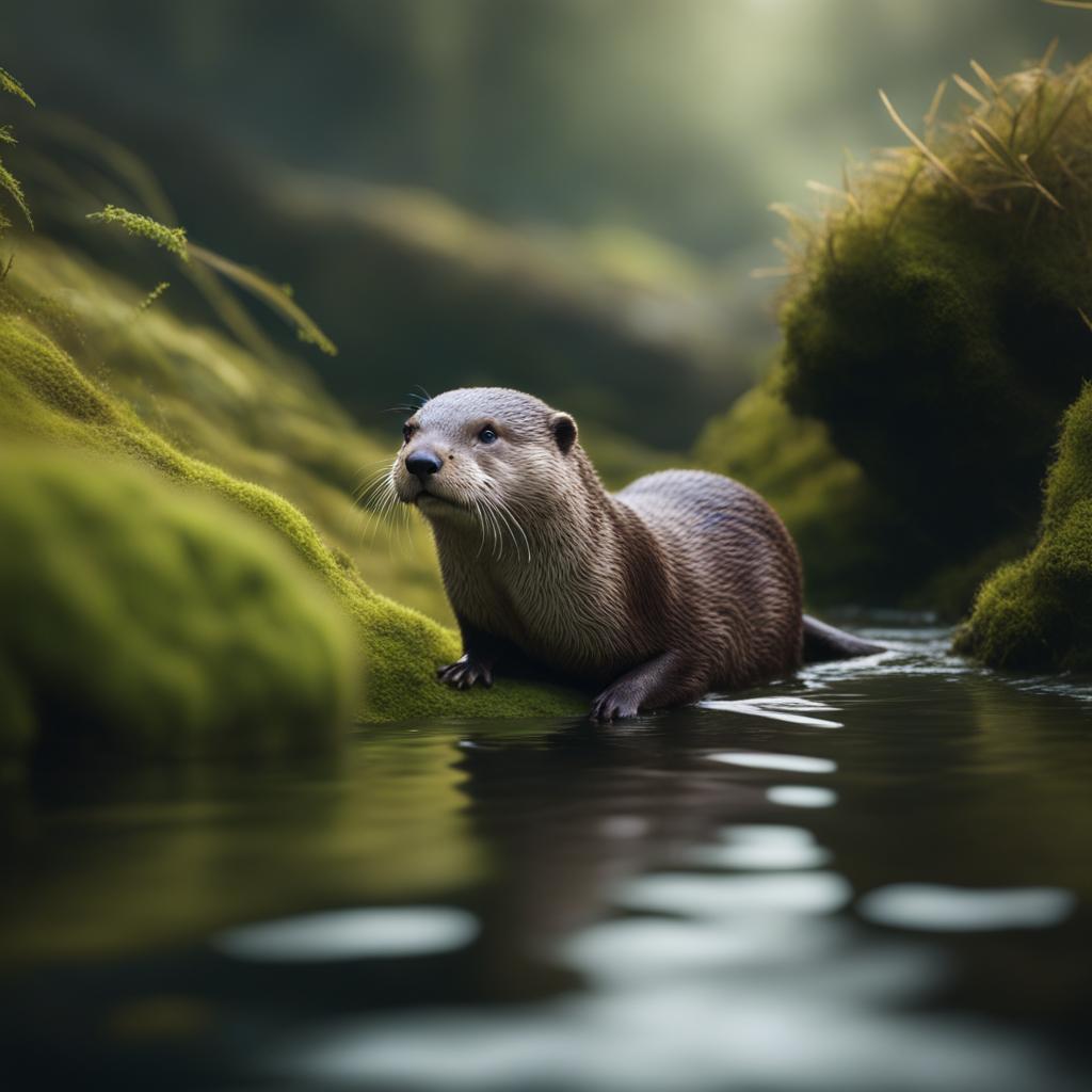 otter sliding down a mossy riverbank into crystal-clear water 8k ultrarealistic cinematic 