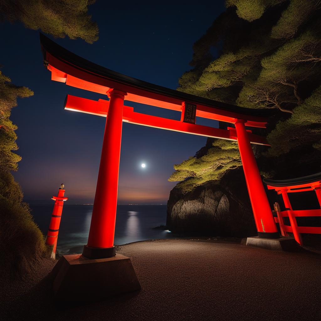 motonosumi inari shrine - paint the surreal night atmosphere of motonosumi inari shrine, with its row of red torii gates leading to the edge of a cliff overlooking the sea. 