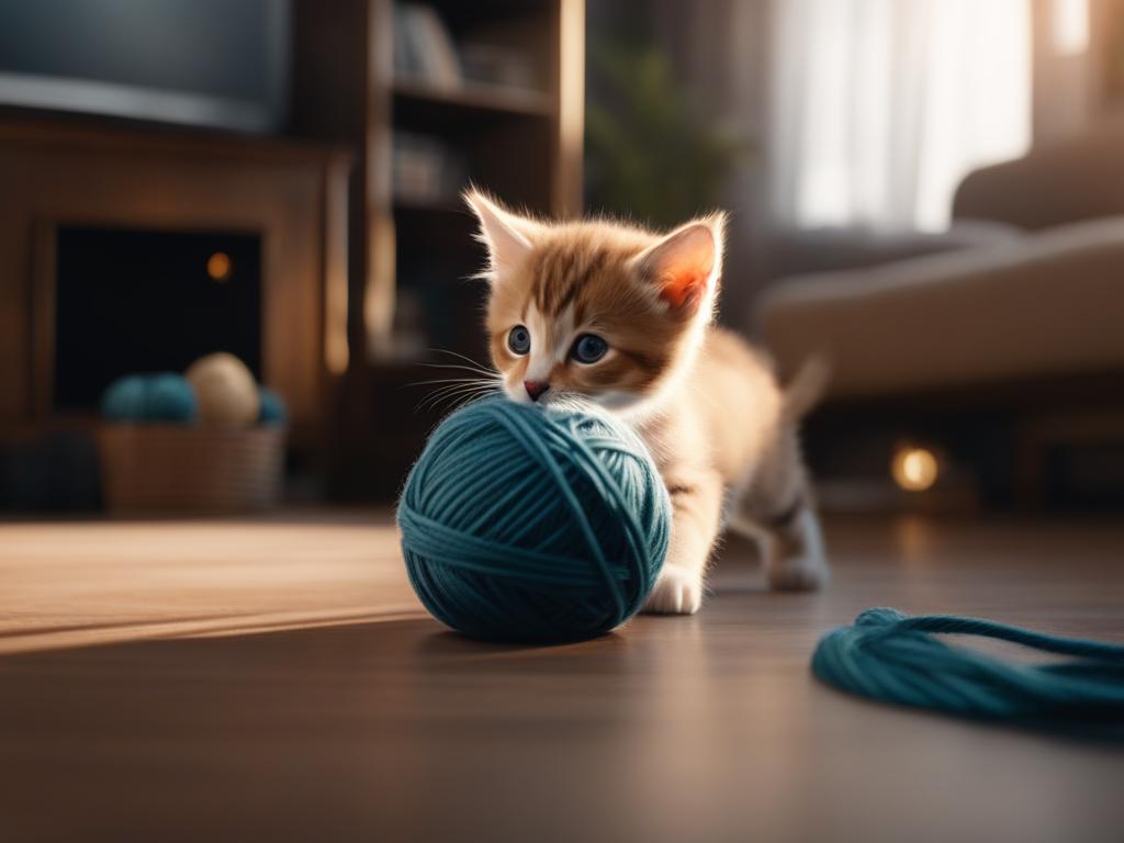 kitten chasing a ball of yarn in a cozy living room 8k ultrarealistic cinematic 