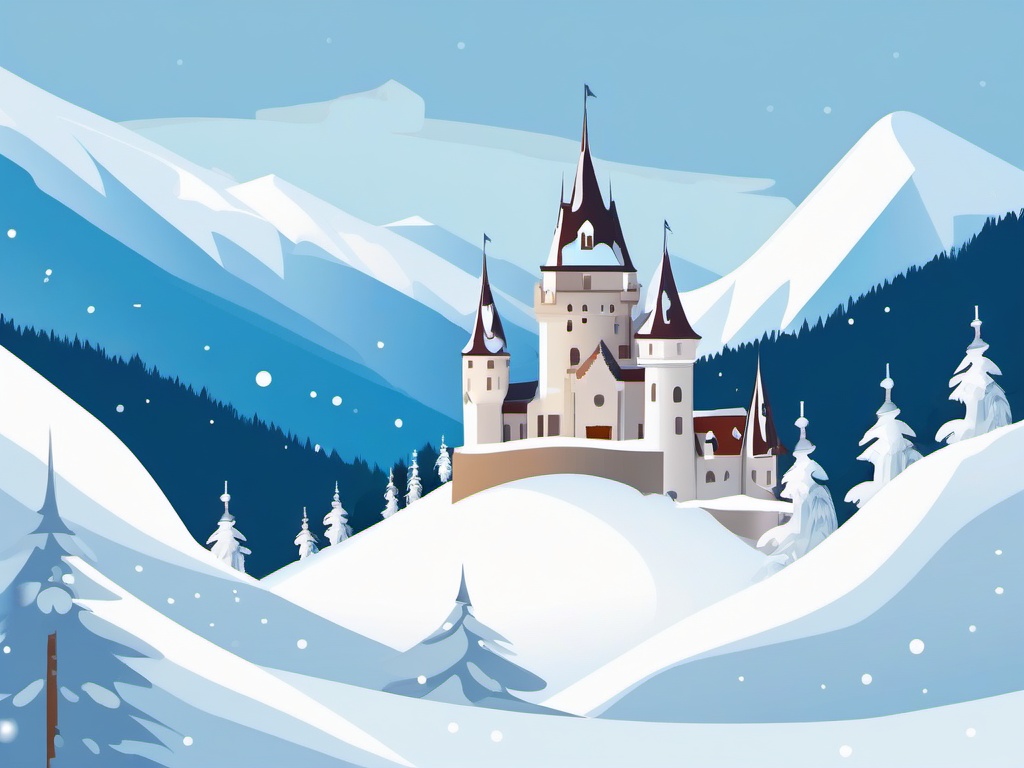 Snow-covered castle in the mountains clipart.  vector style illustration, white background