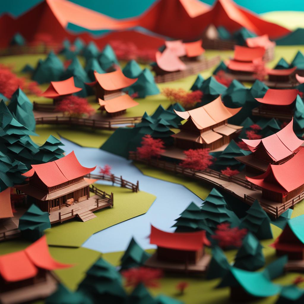 Origami!  5000ft drone view of a chinese village with buffalo pulling carts and birds flying and guilin style mountains with rivers and bridges, Origami paper folds papercraft, made of paper, stationery, 8K resolution 64 megapixels 