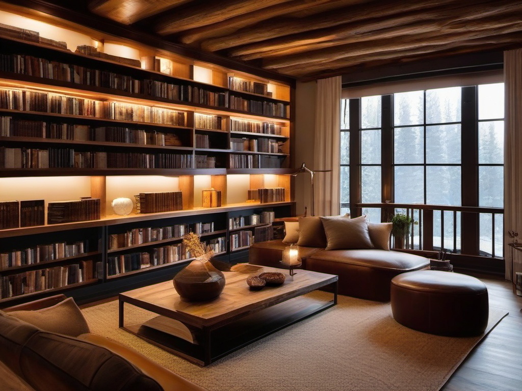 In the library room, rustic interior design incorporates wooden bookshelves, comfortable seating, and warm lighting that inspire reading and relaxation in a cozy setting.  