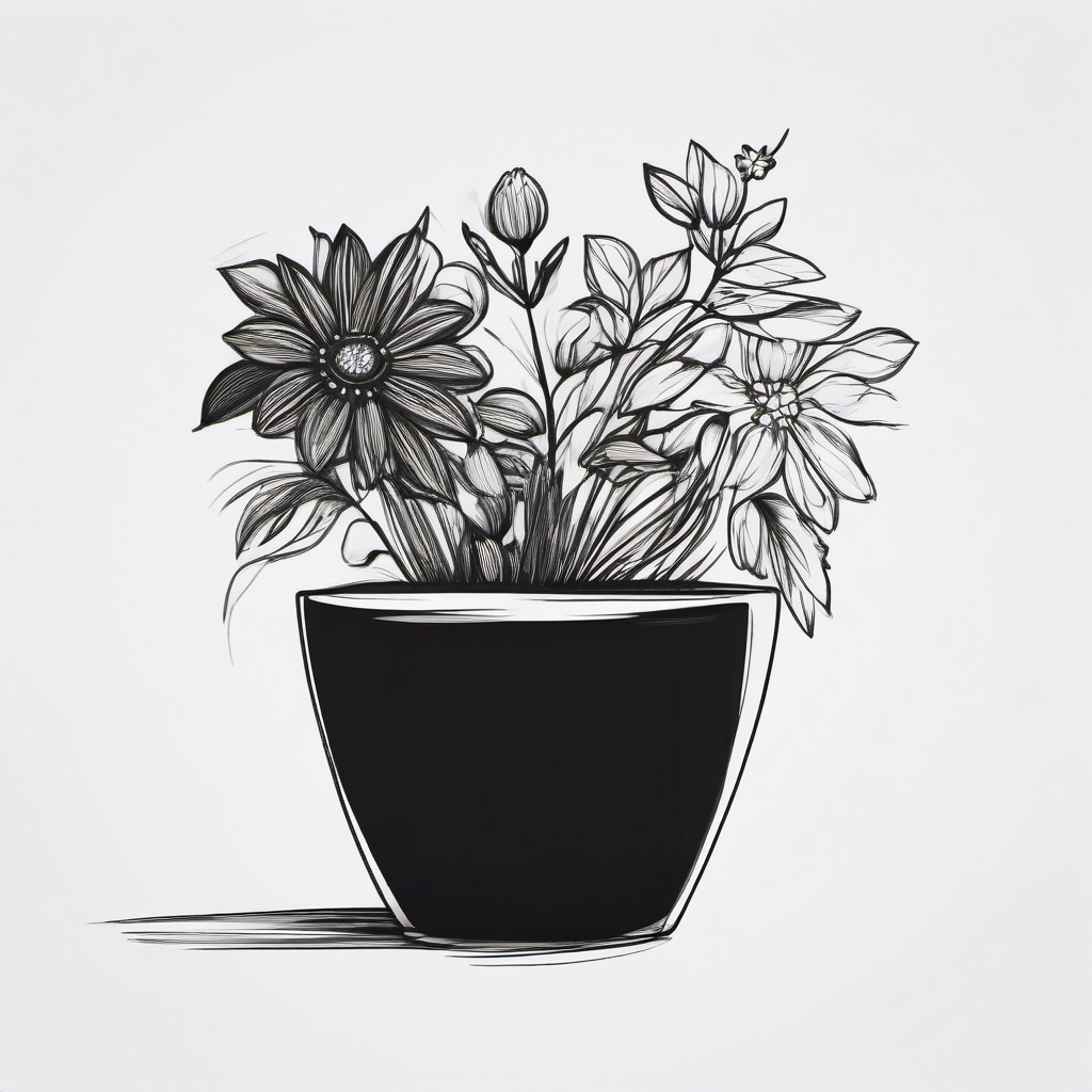 simple drawing of flower pot  minimal rough sketch scribbles,doodles,black and white