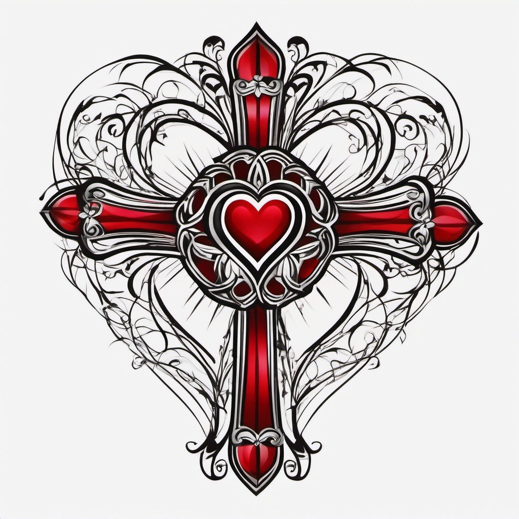 Heart and cross tattoo, Heart intersected by a cross, symbolizing the fusion of love and faith. , tattoo color art, clean white background