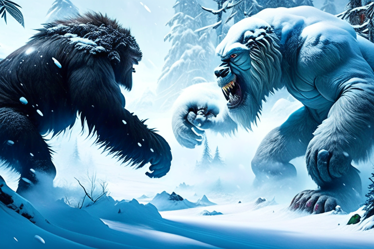 yeti vs sasquatch - cryptid giants wrestle in a snowy wilderness, leaving massive footprints in their wake. 