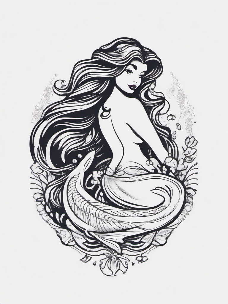 Tattoo Little Mermaid - Celebrate the magic of the Little Mermaid with a whimsical tattoo design.  simple vector color tattoo,minimal,white background