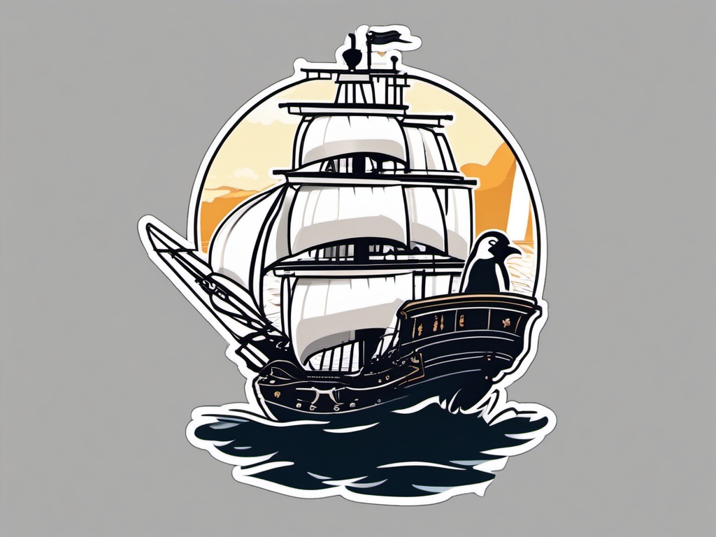 Penguin Pirate Ship Sticker - A penguin captain sailing a pirate ship on the high seas. ,vector color sticker art,minimal