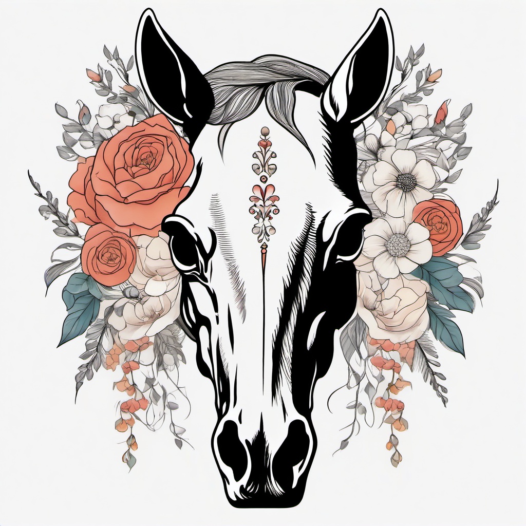 horse skull tattoo with flowers  simple tattoo,minimalist,white background