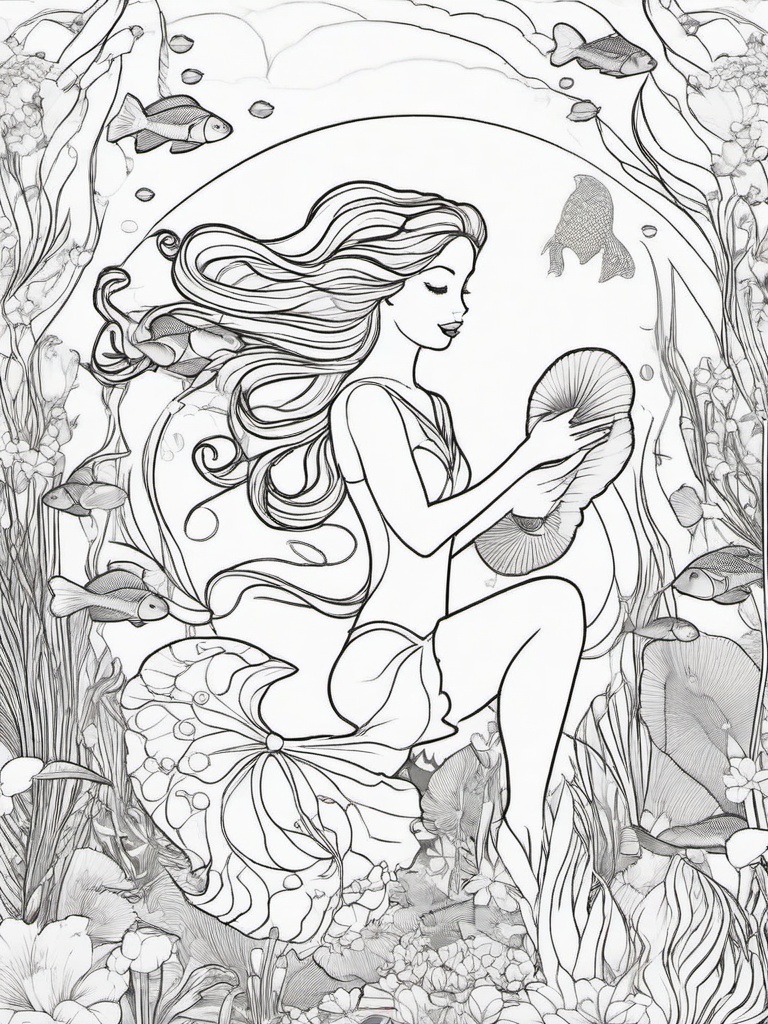 Fairy and Mermaid Coloring Pages - Fairy Visiting Her Mermaid Friend Underwater  minimal black outline printable sheet, coloring page